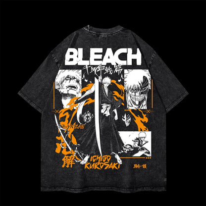 Anime BLEACH Graphic T Shirt Ichigo Kurosaki Vintage Hip Hop Washed Cotton T-shirt Men's Summer Street Casual Men Women Y2K Tops