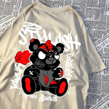 Exploding Black Puppet Bear Men Women T-Shirts High Quality Cotton Tops Summer Loose T Shirts Simplicity Breathable Streetwear