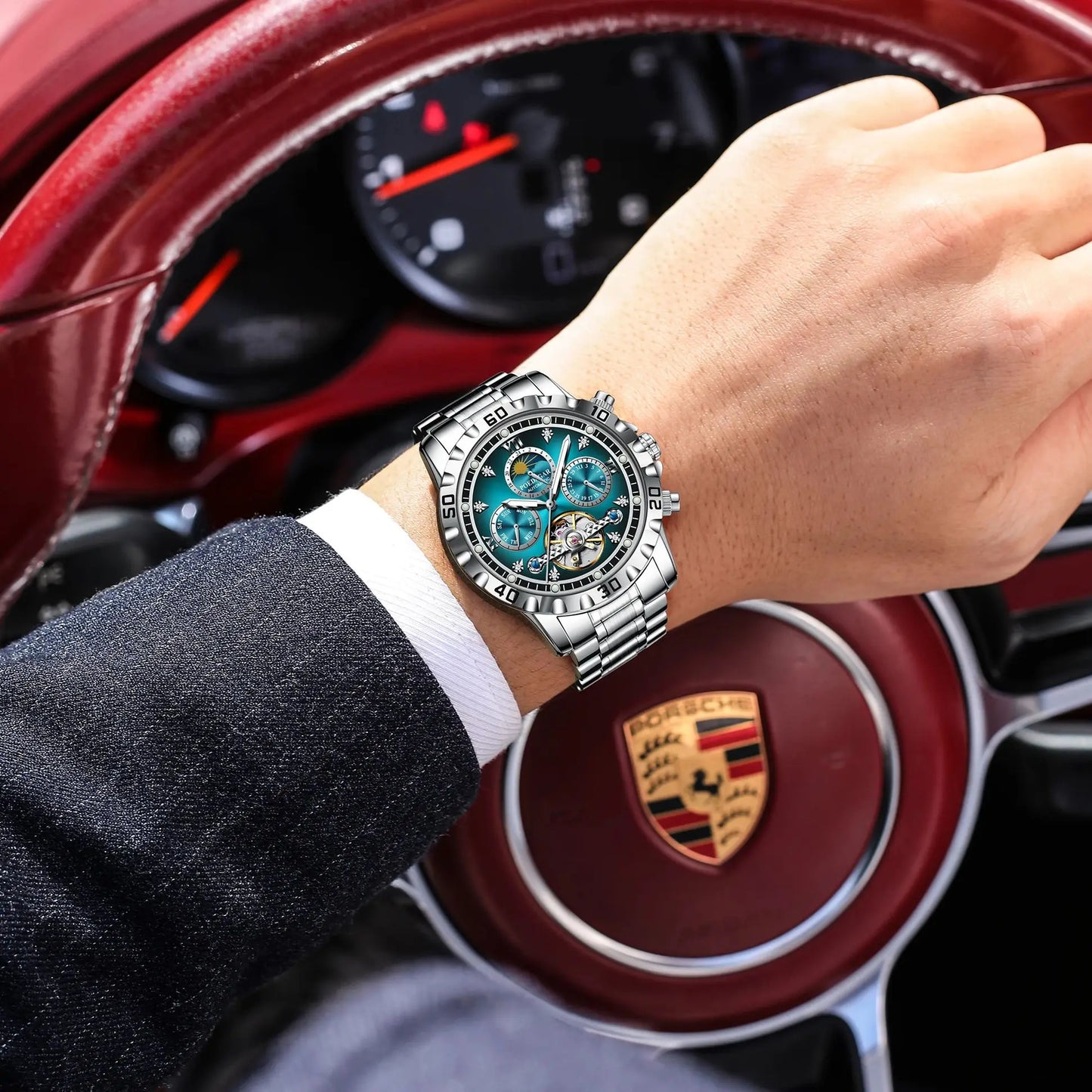 POEDAGAR Military Luxury Men Clock Mechanical Waterproof Man Watch Hollow Tourbillon Automatic Stainless Steel Men's Watches+Box