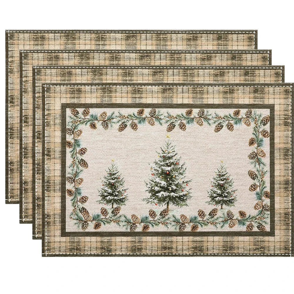 Retro Checkered Christmas Tree  Linen Placemat  Table Mats Rectangular Non Slip Dining Table for Kitchen Home Decor Essentials