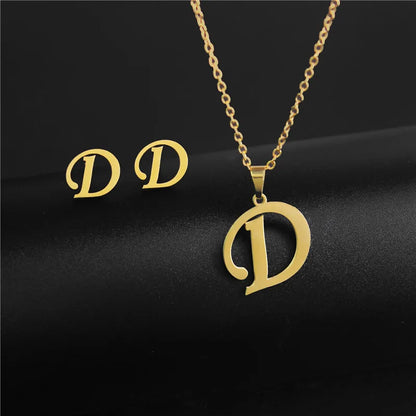 A-Z 26 Stainless Steel Initial Necklace and Earring Jewelry Set Letter Pendant Chain Alphabet Mom Christmas Gift