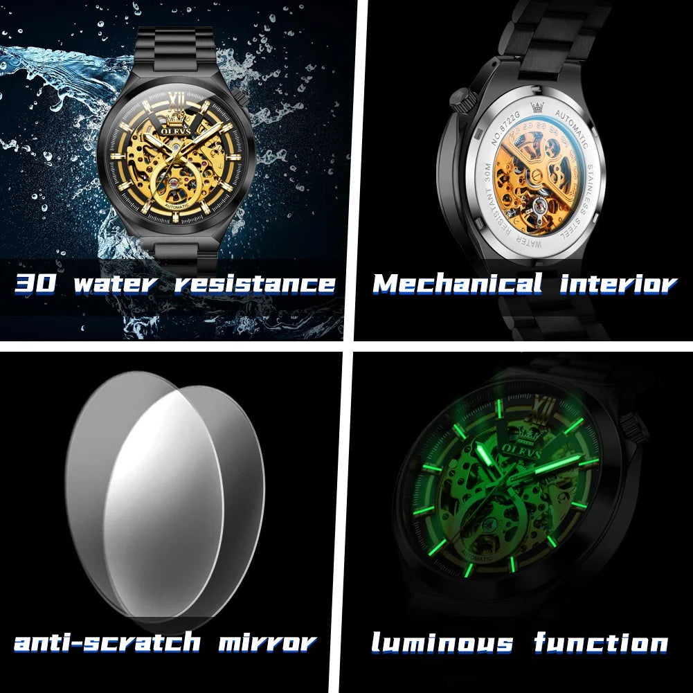 OLVES 6722 Mens Watch Original Luxury Skeleton Automatic Mechanical Watch Waterproof Luminous Stainless Steel Watches For Man