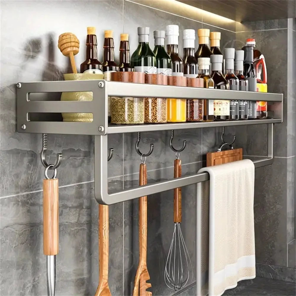 1/2pcs Aluminum Wall-Mounted Spice Rack Multifunctional Item Shelf Kitchen Tools Hooks Kitchen Condiment Storage Rack