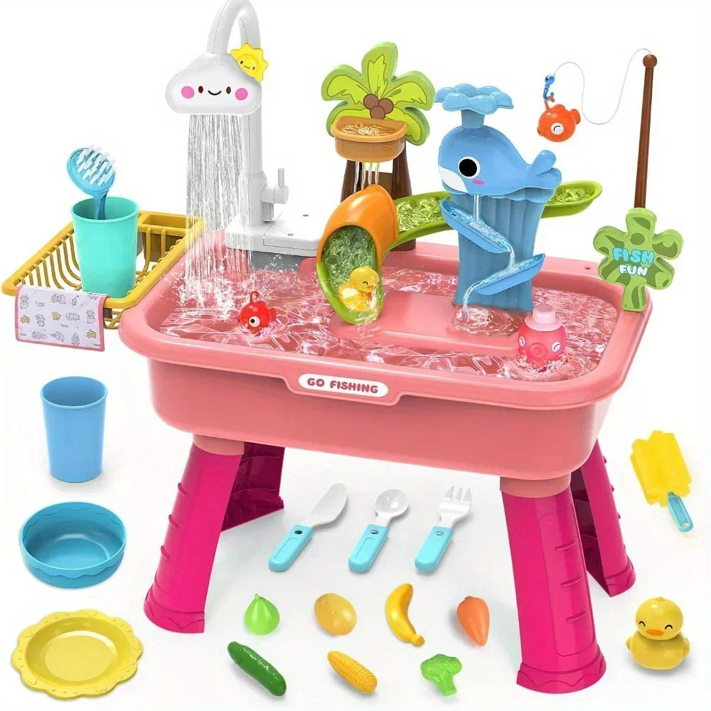 Kids Play Sink with Running Water & Electric Faucet,Water table with Pump,Tableware & Fishing Game,Toy Kitchen Sets for Kids