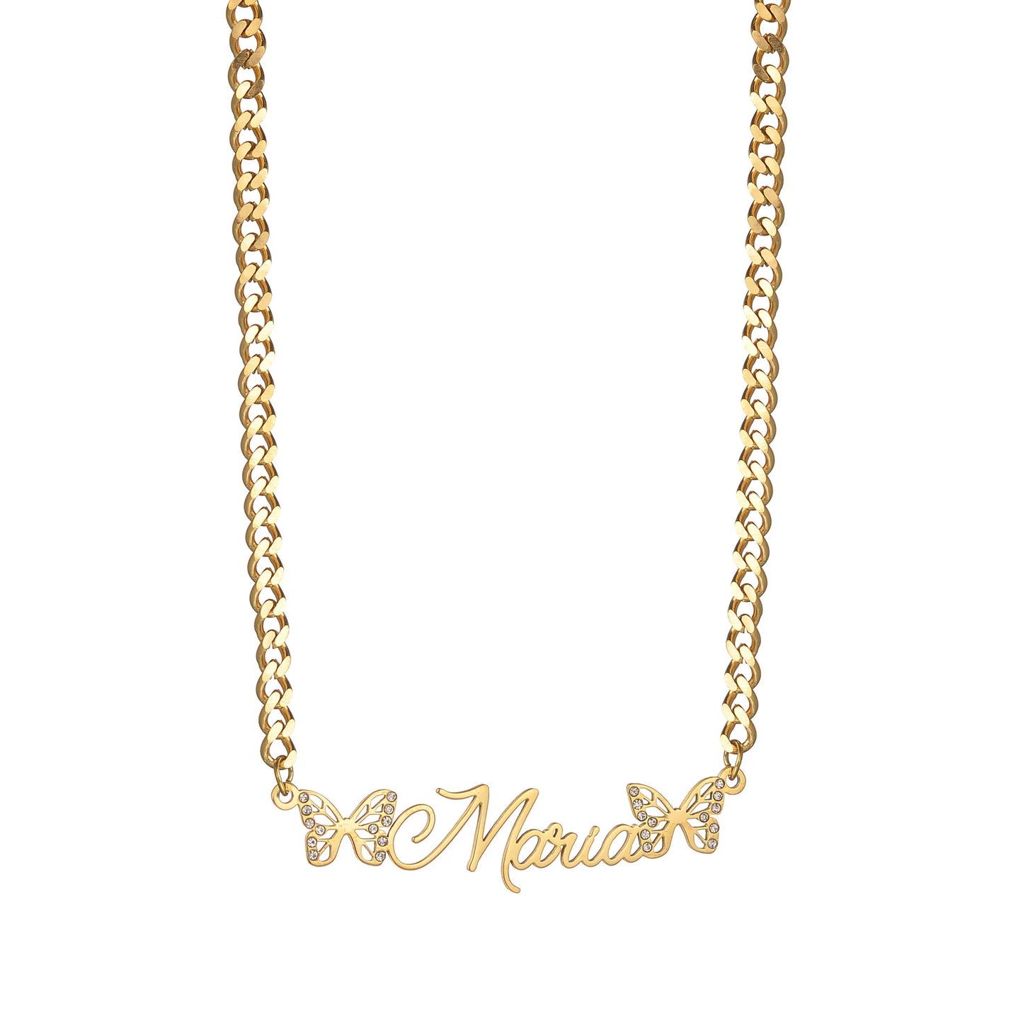 Atoztide New Custom Zircon Butterfly Name Necklace Customized Nameplate 4mm Cuban Chain Necklaces for Women Jewelry Gift