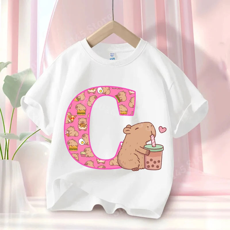 Summer Capibara Anime Letter A-Z Cute Printed Children's T-shirt Girls Short Sleeve Cotton Fashion Tops Kids Clothes Casual Tees