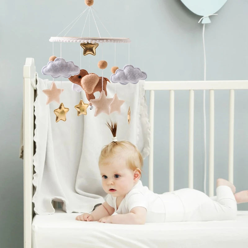 Baby Wooden Rattles Bed Bell Soft Felt Cartoon Elephant Cloudy Star Hanging Bed Bell Mobile Crib Montessori Education Toys