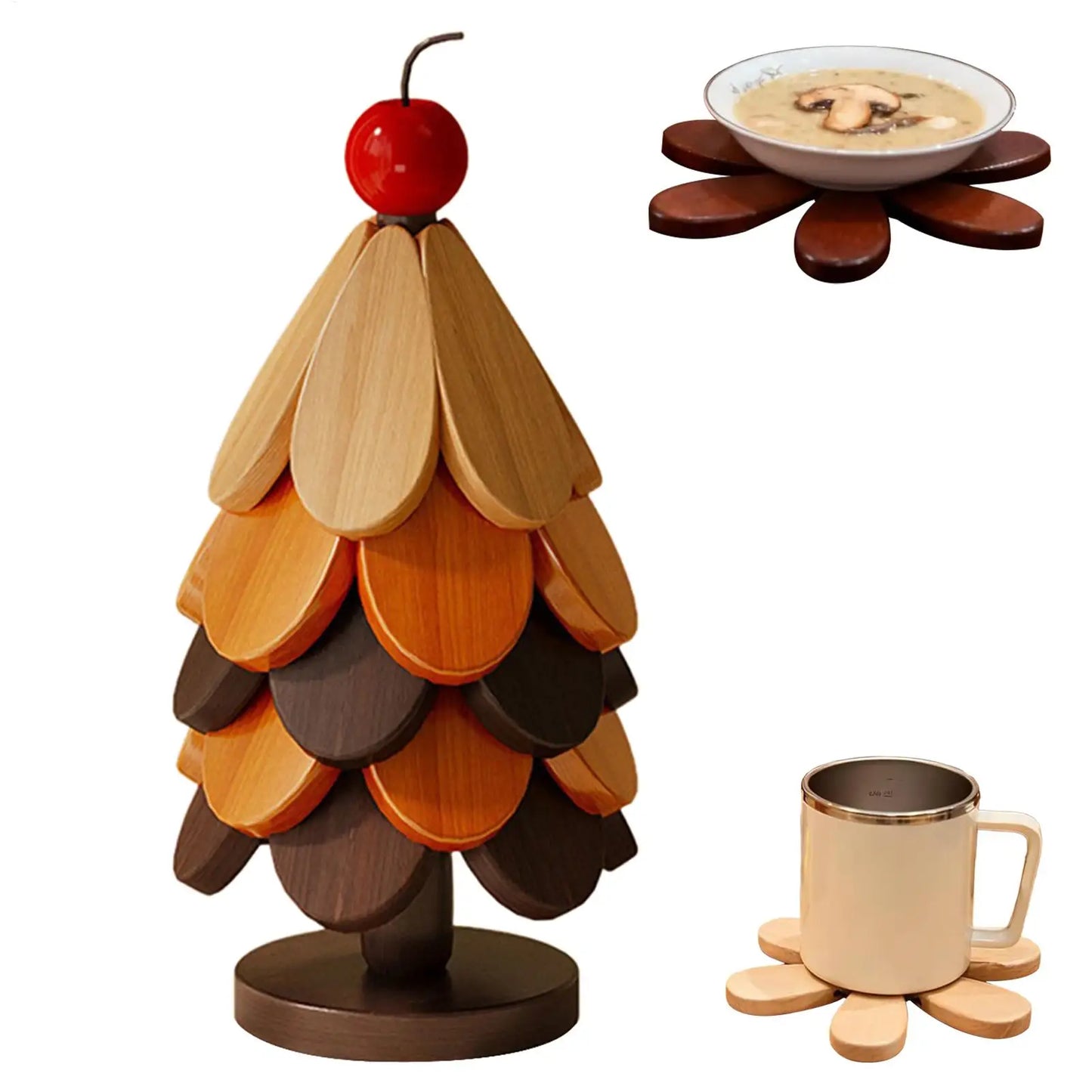 Wooden Table Coasters 5pcs Christmas Tree Trivets Heat Resistant Desk Coaster Tree Design Stand Table Mat Coaster Placemats