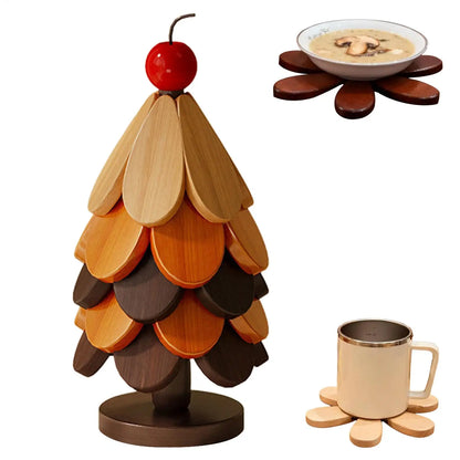 Wooden Table Coasters 5pcs Christmas Tree Trivets Heat Resistant Desk Coaster Tree Design Stand Table Mat Coaster Placemats