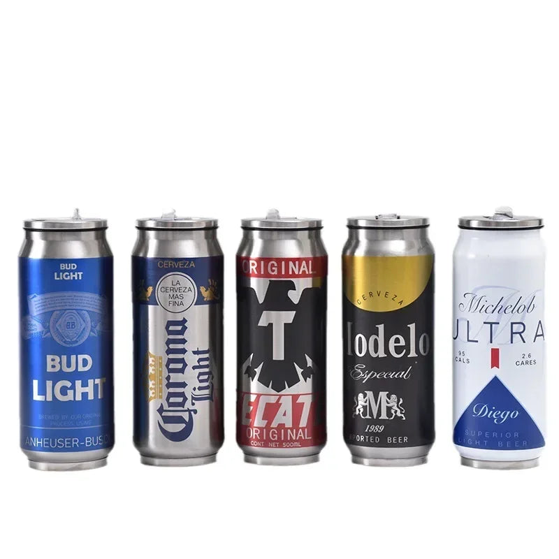 500ml Thermos Stainless Steel Cup Creative Beer Can Insulated Cup Vacuum Cups with Straw Cold Keeper Cola Cans Insulated Bottle