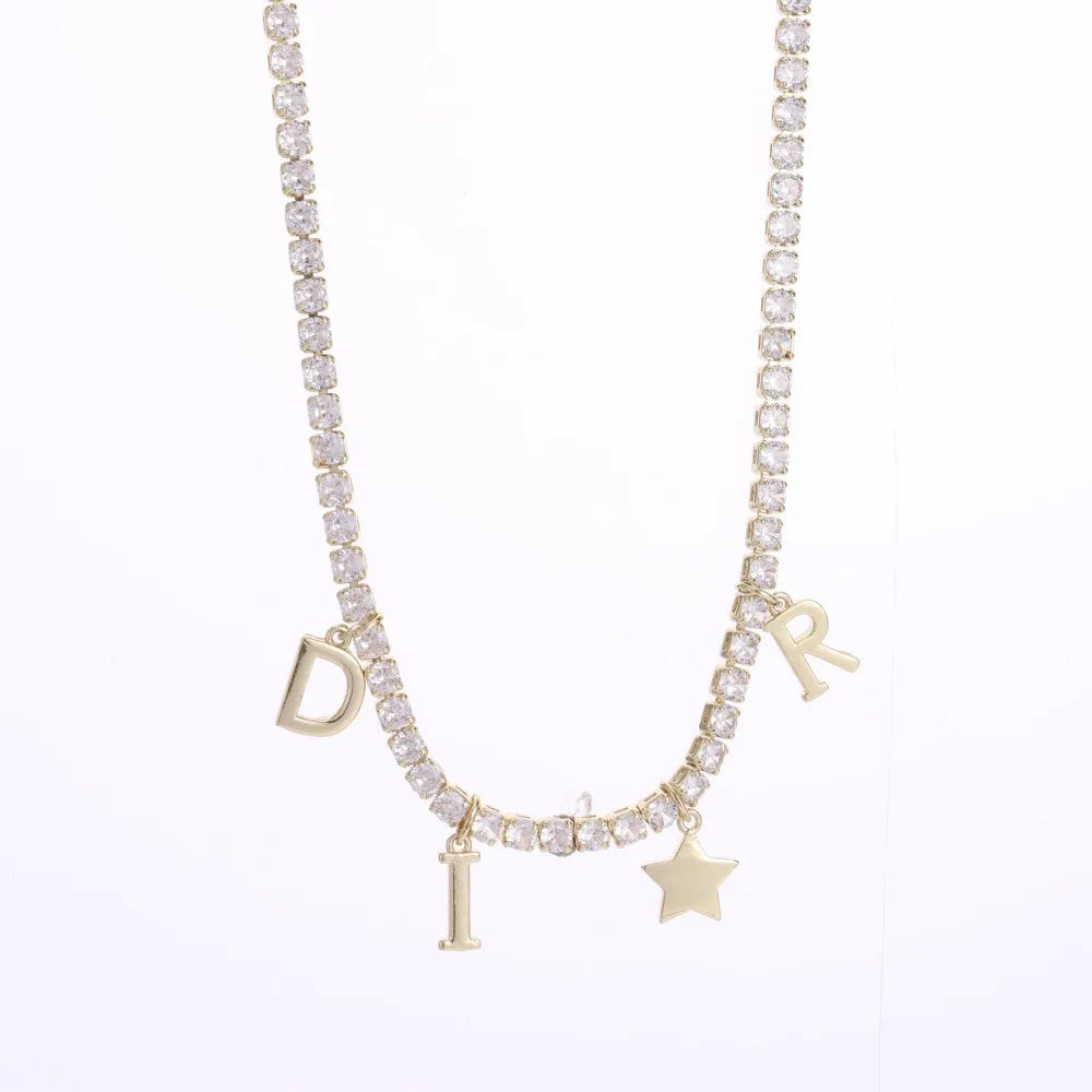 Women's Fashion Letter Star Pendant Necklace with Full Zircon Inlay Simple Chain Luxury Jewelry Accessory Gift