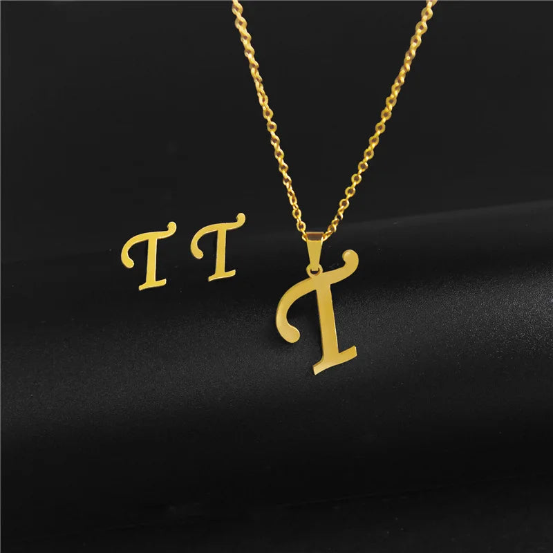 A-Z 26 Stainless Steel Initial Necklace and Earring Jewelry Set Letter Pendant Chain Alphabet Mom Christmas Gift