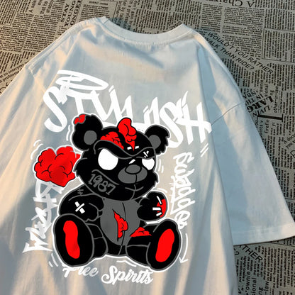 Exploding Black Puppet Bear Men Women T-Shirts High Quality Cotton Tops Summer Loose T Shirts Simplicity Breathable Streetwear