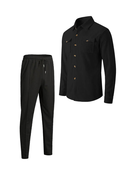 New Men's Four Seasons Outdoor Trendy Casual Waffle Solid Color workwear Button Pocket Coat Collar Top Pants Two Piece Set