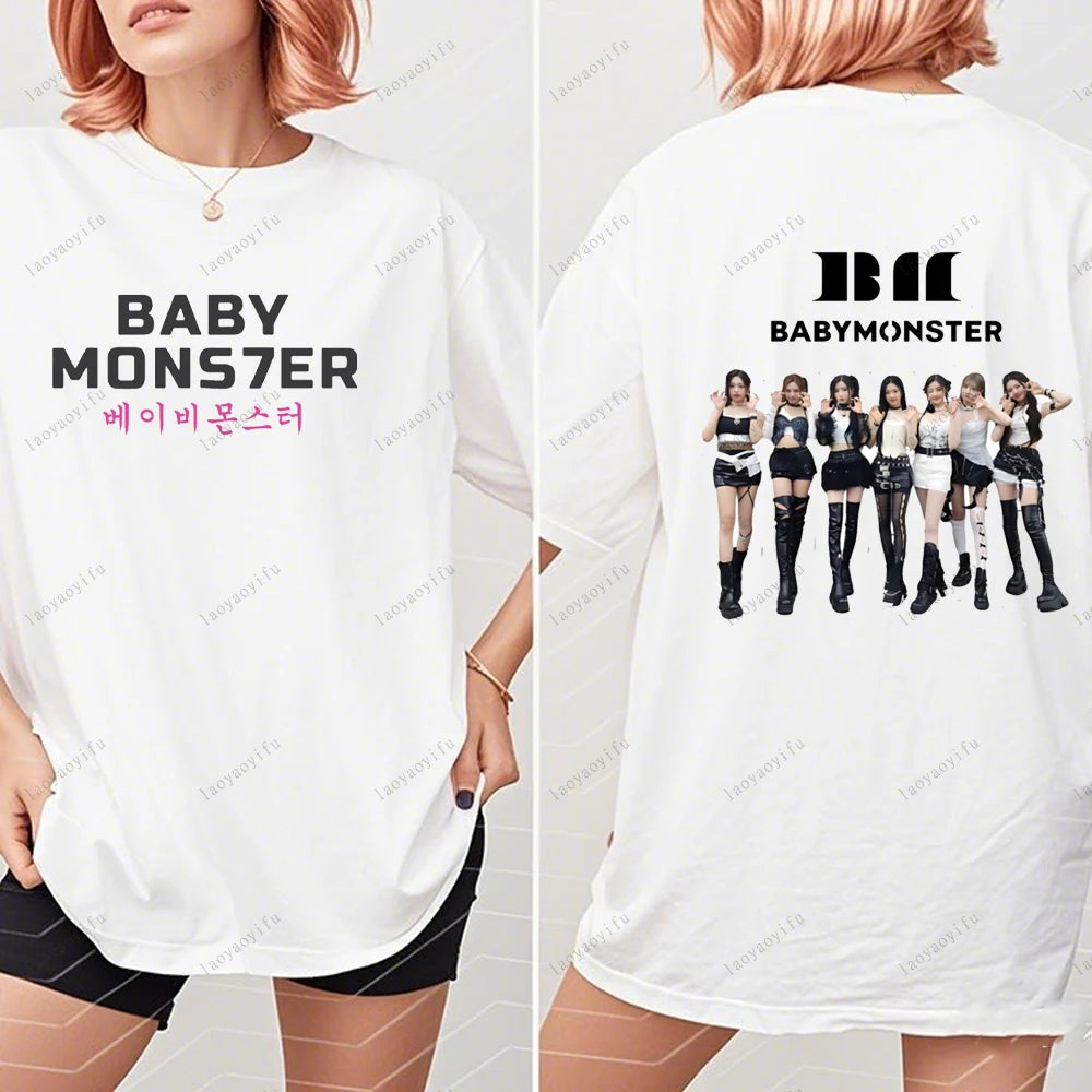 BABYMONSTER Kpop Band T-shirt Korean Fashion Summer Double Sided Tee Short Sleeve Cotton Comfortable Tshirts Women/Men Clothes