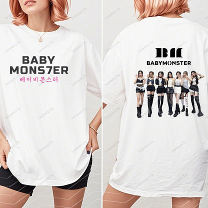BABYMONSTER Kpop Band T-shirt Korean Fashion Summer Double Sided Tee Short Sleeve Cotton Comfortable Tshirts Women/Men Clothes