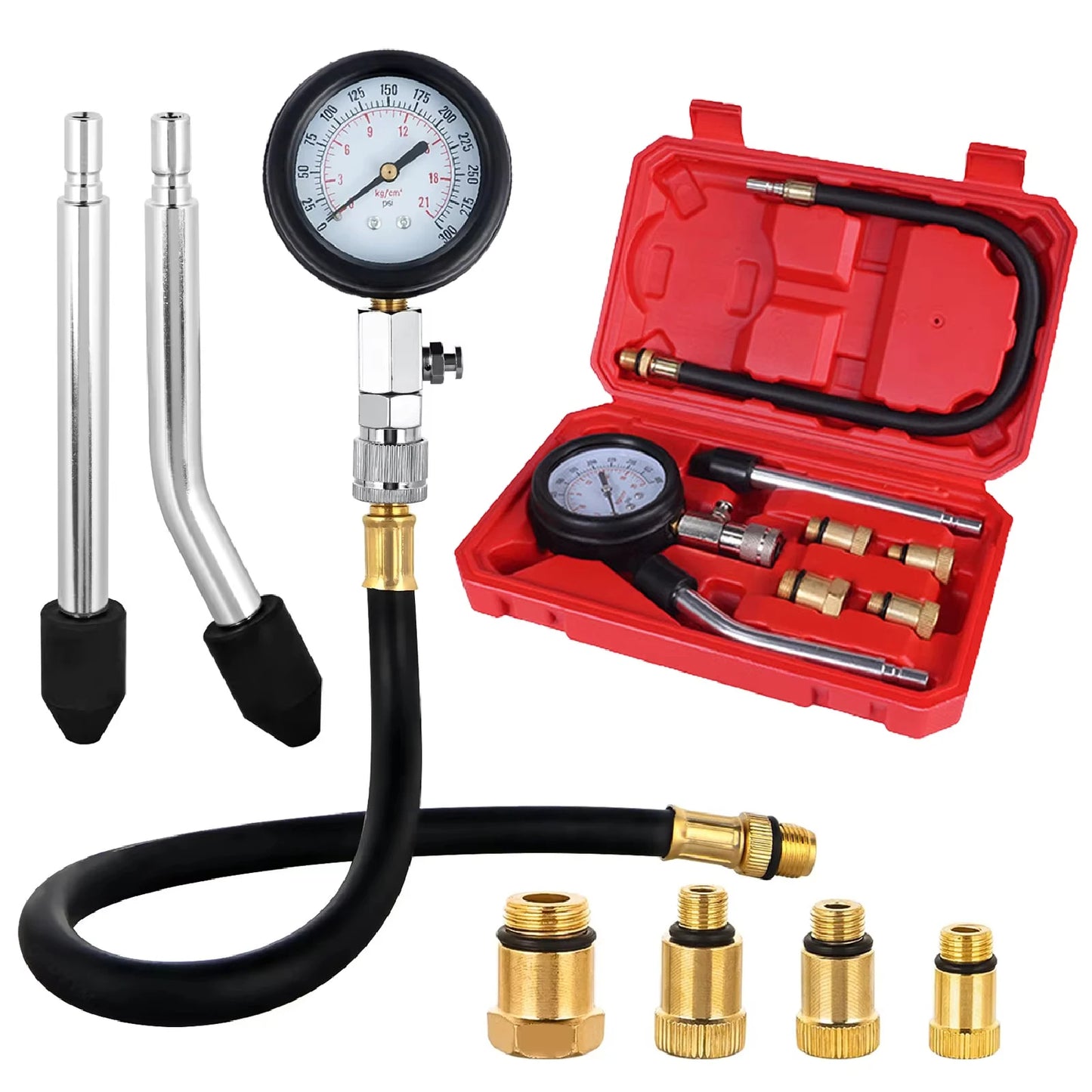 Cylinder Compression Tester Kit 0-300 PSI Dual Scale Quick Coupler Brass Fittings Gauge Engine Diagnostic Tool Car Motorcycle