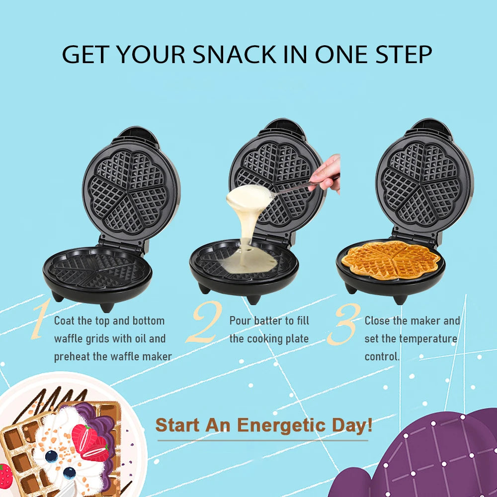 1000W Mini Electric Waffles Maker Bubble Egg Cake Oven Breakfast 5 Heart-Shaped Waffles Griddle Iron Maker Cooking Appliance