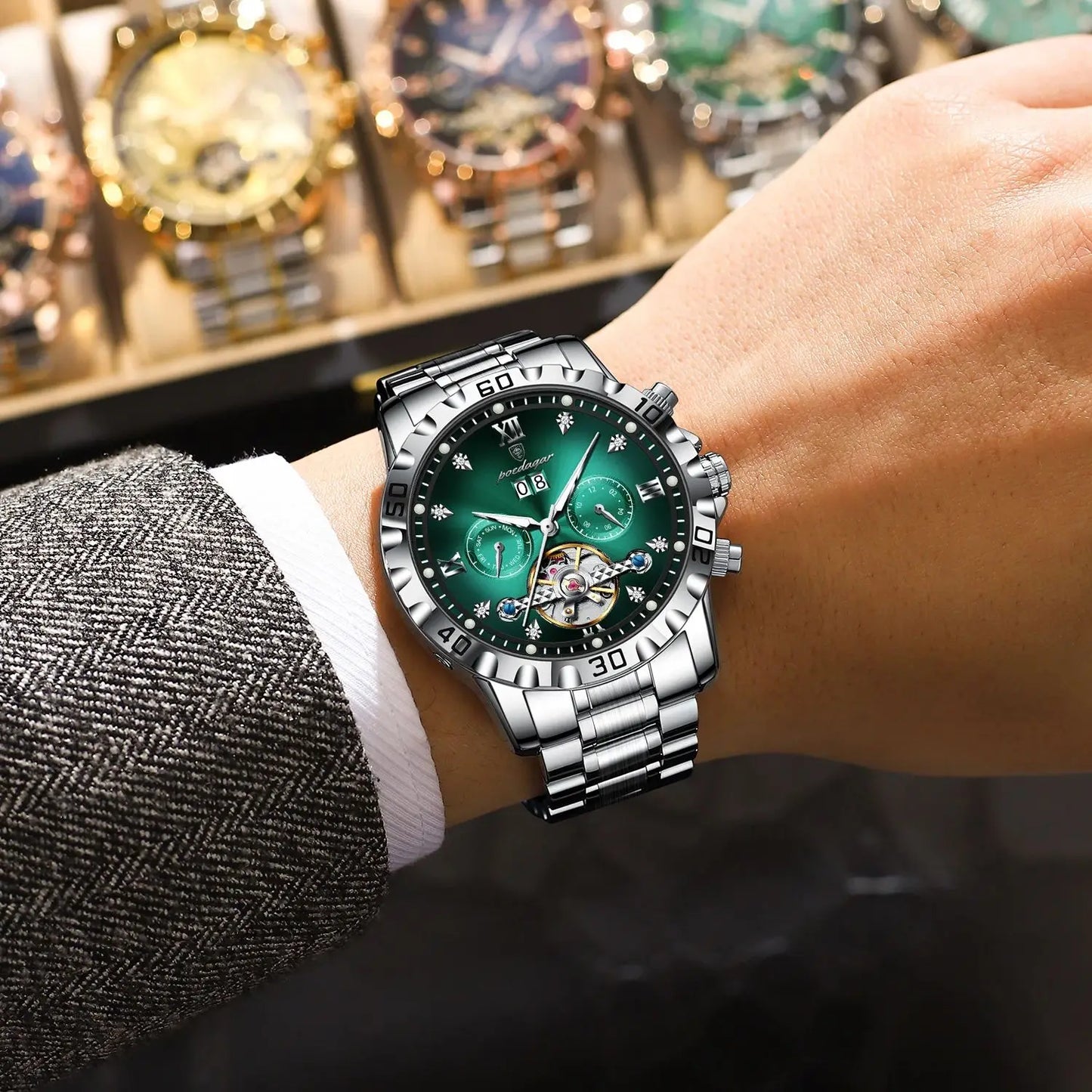 POEDAGAR Fashion Luxury Men Watch Automatic Date Week Man Wristwatch Hollow Tourbillon Mechanical Stainless Steel Men's Watches