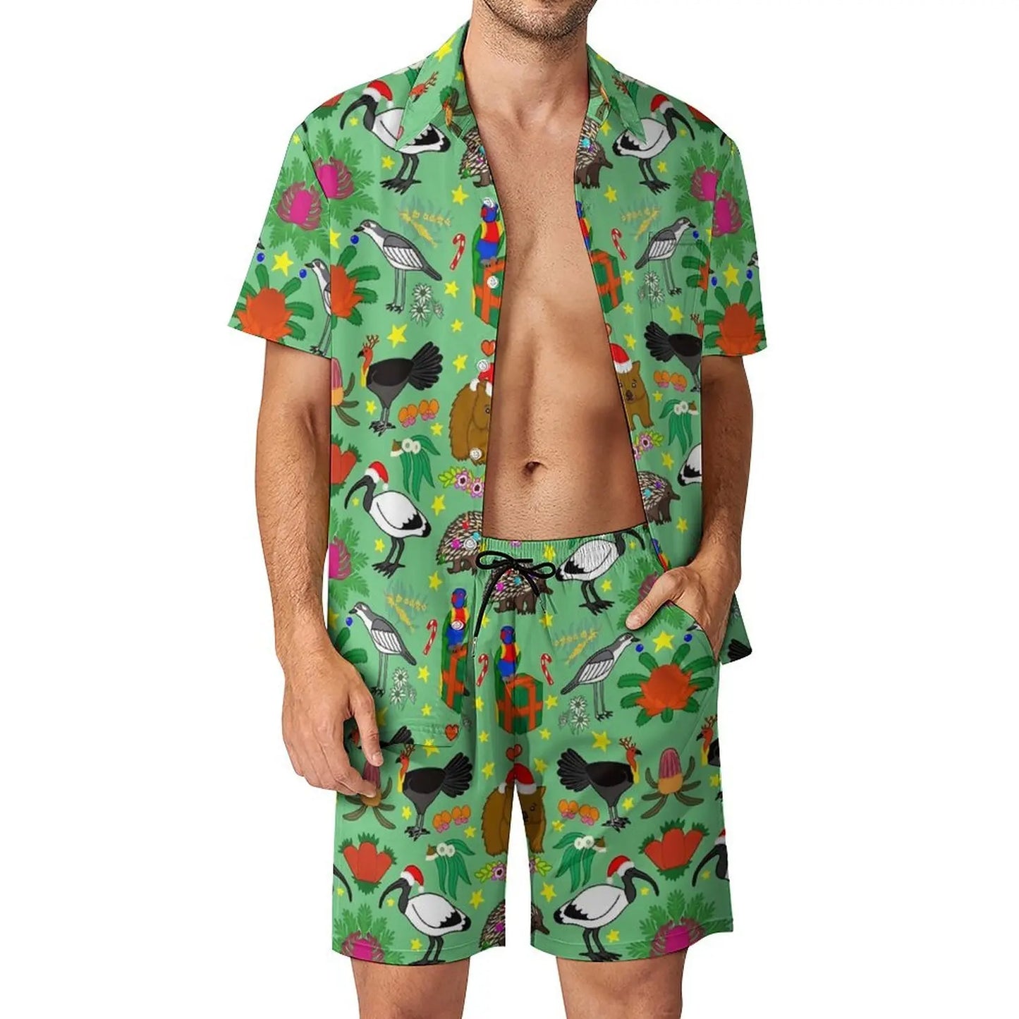 2025 Christmas Men Sets Animal Print Casual Shorts Summer Novelty Beach Shirt Set Short-Sleeved Big Size Suit Christmas Gift