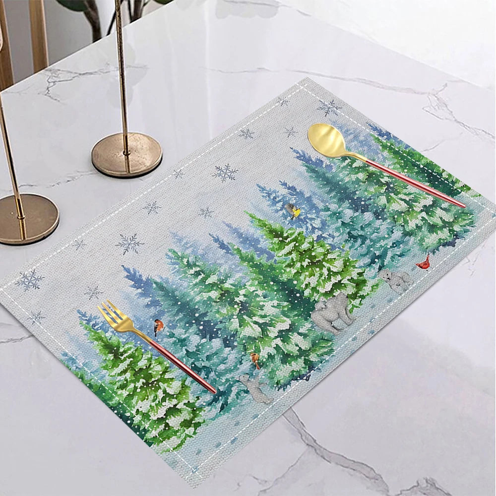 4/6/8PCS Christmas Tree Placemats Linen Non Slip Table Mats Rectangular Non Slip Dining Table for Kitchen Home Decor Essentials