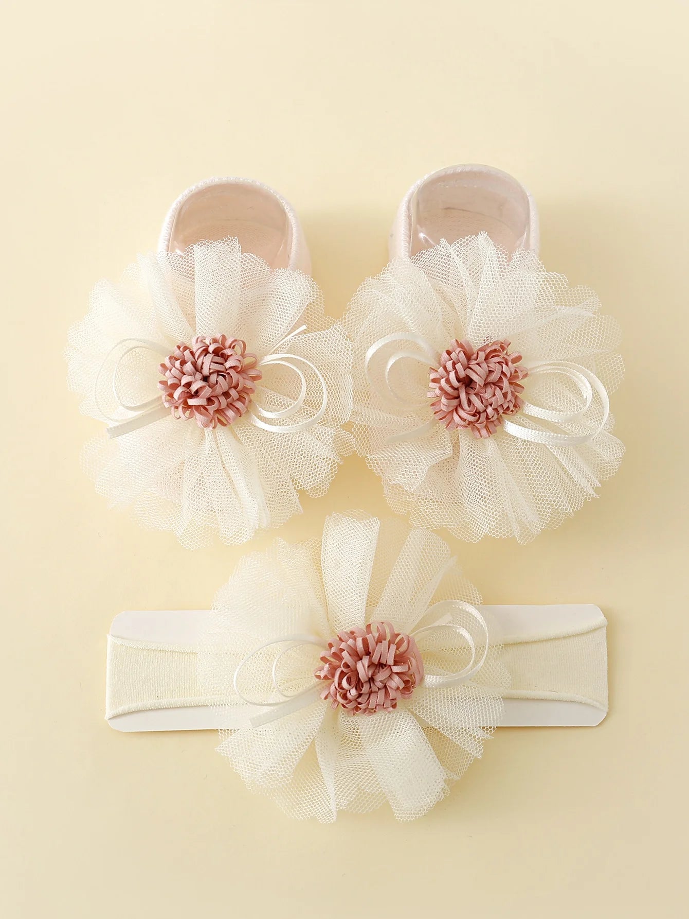 2 Pieces/Set of Toddler Embroidered Flowers Elastic Headband and Non-Slip Cotton Socks, 0-12 Months Baby Girls Socks Hairband Set