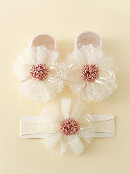 2 Pieces/Set of Toddler Embroidered Flowers Elastic Headband and Non-Slip Cotton Socks, 0-12 Months Baby Girls Socks Hairband Set