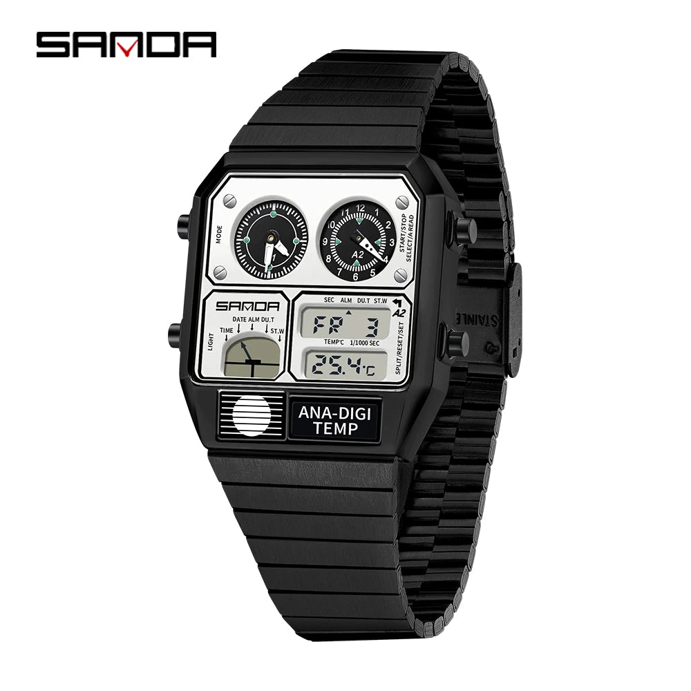 SANDA New 3192 Men's Square Men's Electronic Watch Waterproof LED Thermometer Stopwatch For Men's Electronic Watch