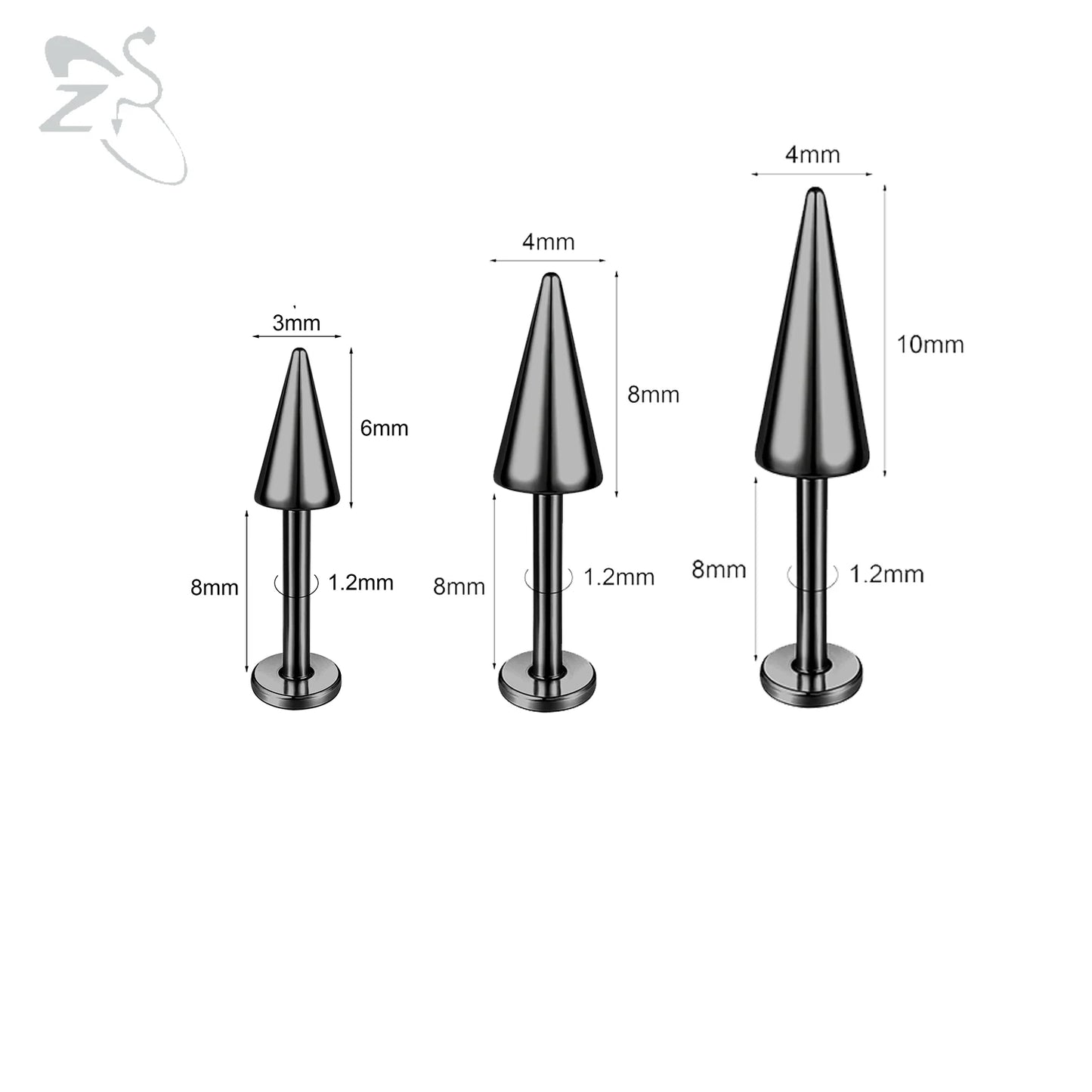 ZS 3pcs/lot 16g Cone Spike Labret Stud Surgical Steel Cartilage Earrings Black Color Barbell Piercing Tragus Helix Rook Jewerly