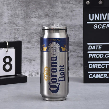 500ml Thermos Stainless Steel Cup Creative Beer Can Insulated Cup Vacuum Cups with Straw Cold Keeper Cola Cans Insulated Bottle