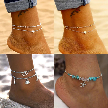 Love Personality Double Simple Bohemian Layered Heart Anklet Summer Beach Anklets On Foot Ankle Bracelets For Women Leg Chain