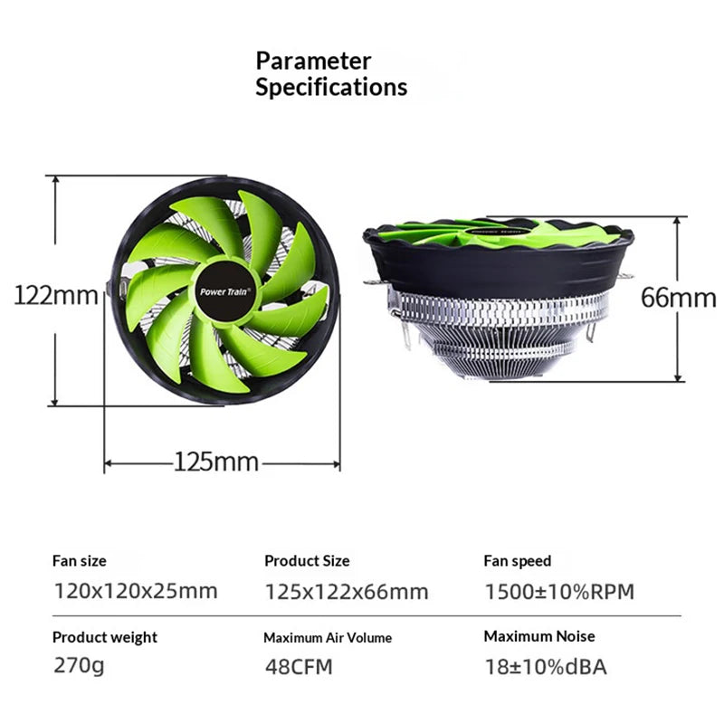 PowerTrain Armored DL120Q Under-Pressure CPU Cooler for Desktop Computer Mainframe Fan 115X/1200/1700/AM4/AM3/AM2/FM2/FM1