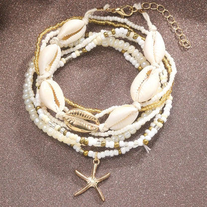 7pc/set Bohemian Rice Beads Starfish Pendant Anklet Set Fashion Summer Beach Sea Shell Multilayer Ankle Bracelet On Foot Jewelry