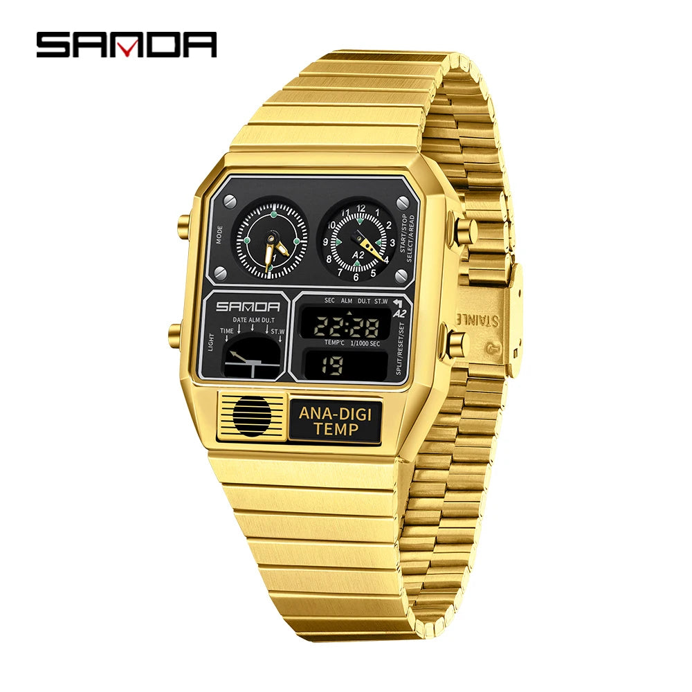 SANDA New 3192 Men's Square Men's Electronic Watch Waterproof LED Thermometer Stopwatch For Men's Electronic Watch