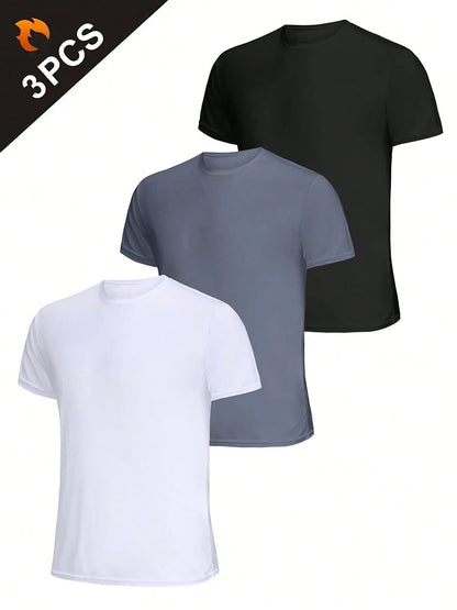 3Pcs Men's Ultralight Quick Dry Sport T-Shirt, Solid Color Breathable Lightweight Top For Fitness Training Workout Running Gym