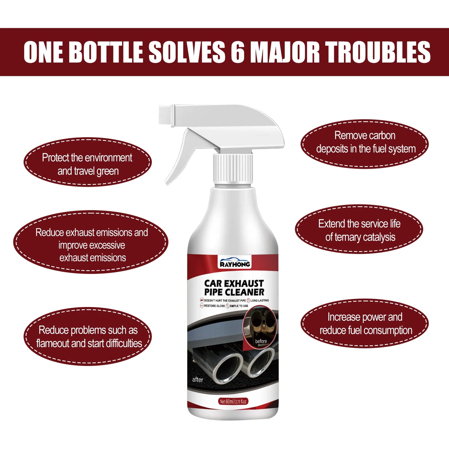 Exhaust Pipe Cleaner Spray Heavy Duty Rust Remover Car Motorcycle Muffler Carbon Deposit Cleaner Anti Smoke Engine Polish 60ml