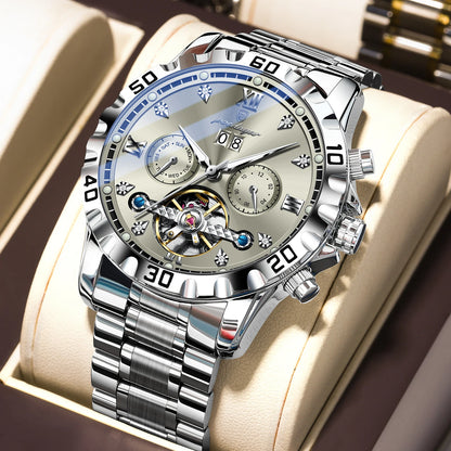 POEDAGAR Fashion Luxury Men Watch Automatic Date Week Man Wristwatch Hollow Tourbillon Mechanical Stainless Steel Men's Watches