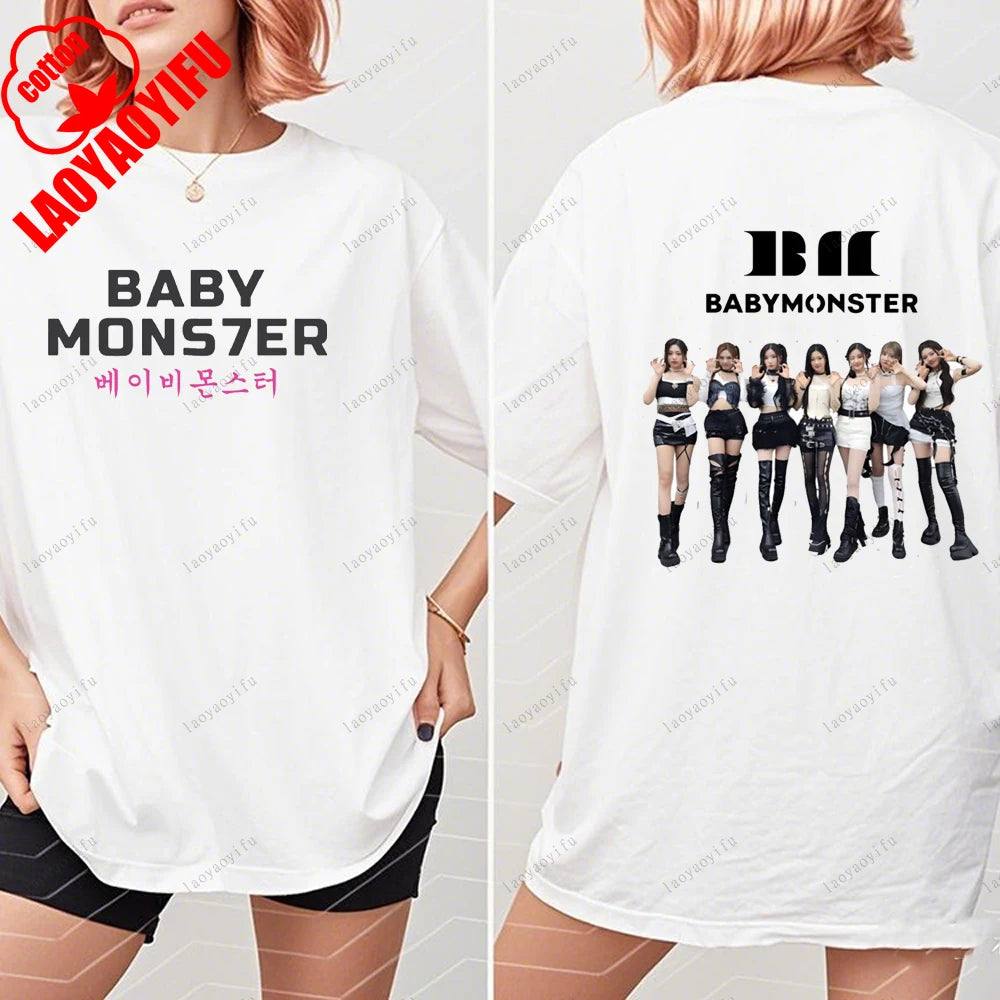 BABYMONSTER Kpop Band T-shirt Korean Fashion Summer Double Sided Tee Short Sleeve Cotton Comfortable Tshirts Women/Men Clothes