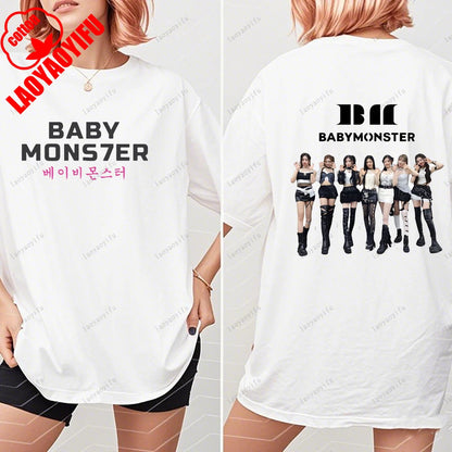 BABYMONSTER Kpop Band T-shirt Korean Fashion Summer Double Sided Tee Short Sleeve Cotton Comfortable Tshirts Women/Men Clothes