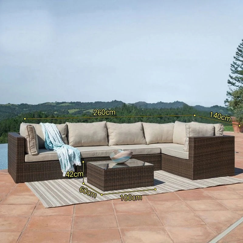 Rattan Garden Furniture Set, Outdoor Corner Sofa Couch, Handwoven Rattan Patio Conversation Set, Cushions and Glass Table