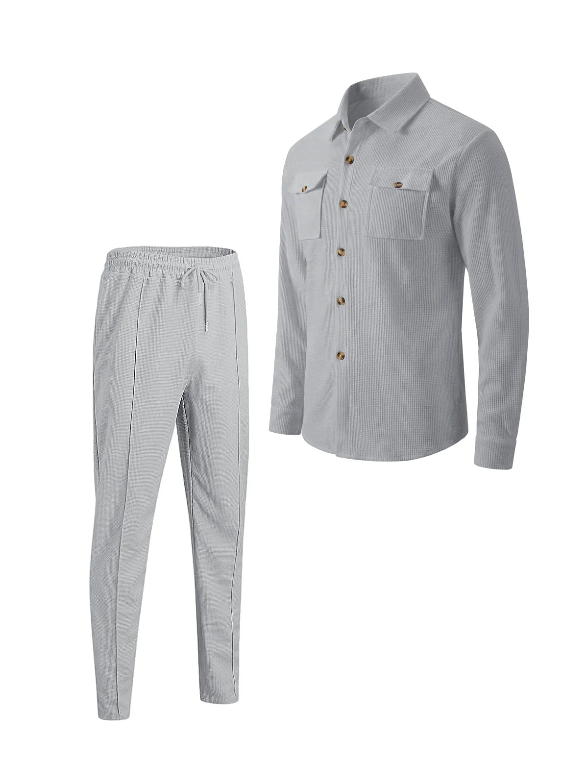 New Men's Four Seasons Outdoor Trendy Casual Waffle Solid Color workwear Button Pocket Coat Collar Top Pants Two Piece Set