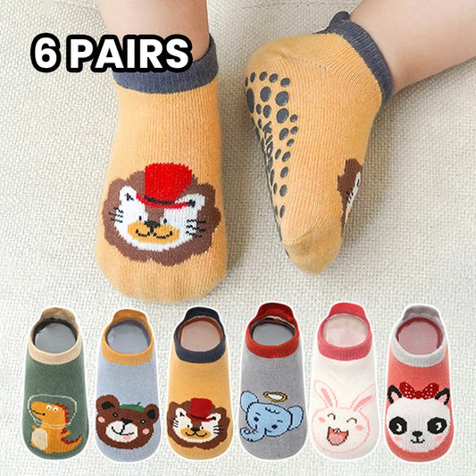 6 pairs  anti-slip children's socks, featuring cute cartoon animal patterns. These are suitable for toddlers and young walkers.