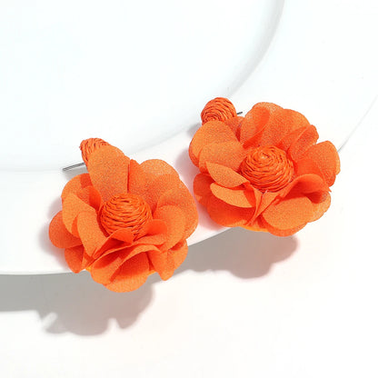 Summer Colorful Lafite Chiffon Flower Earrings for Women Boho Handwoven 3D Flower Fabric Drop Earring Beach Party Jewelry Gifts