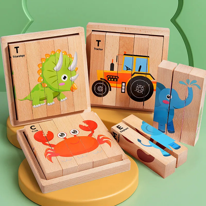 Wooden Stereoscopic Strip Animal Transport Building Blocks, Traffic Dinosaur Puzzle Enlightenment Toy, 4-sided Pattern Puzzle