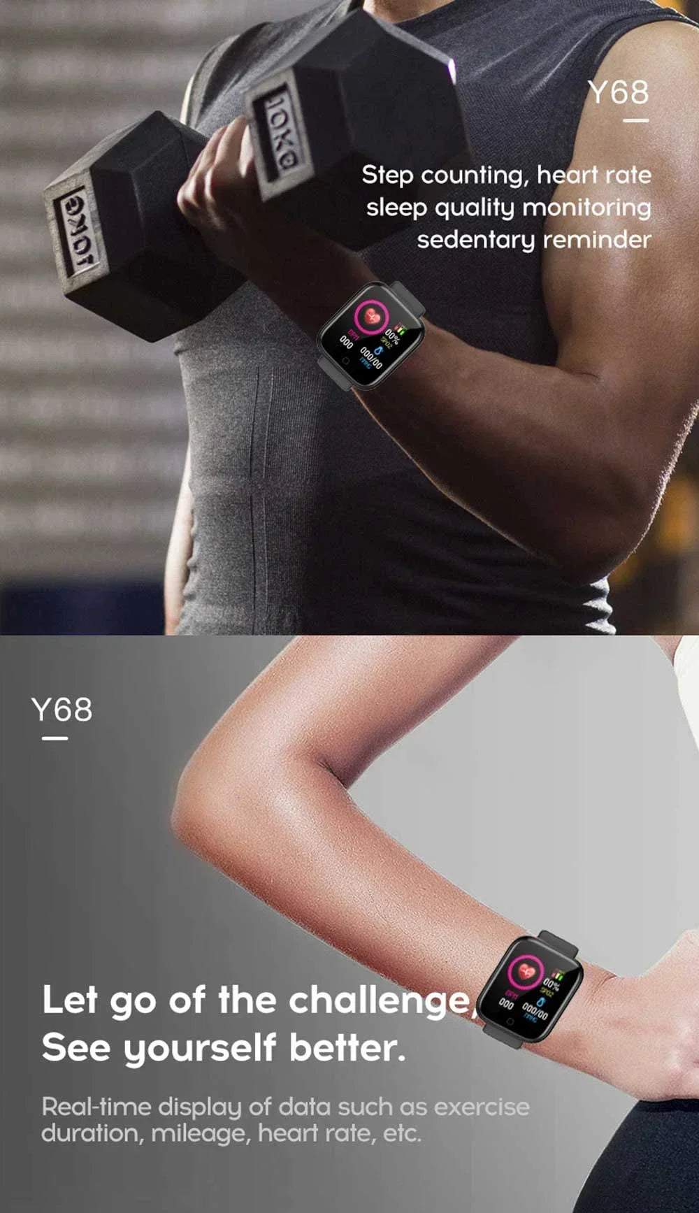 Smart Watch Y68: Color Screen Fitness Tracker w/ Step Count, 12 Sports Modes, Notification Reminder, Camera/Music Remote