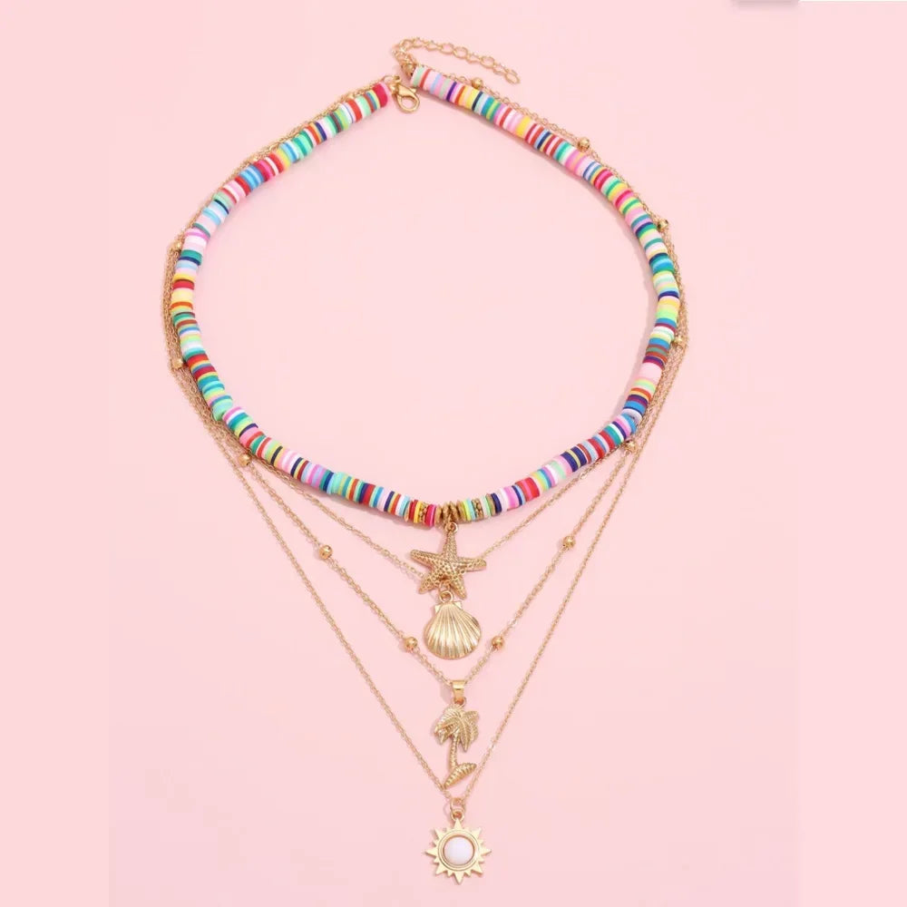 Fashion New Bohemia Soft Clay Shell Star Sun Pendant Chain Layered Necklace for Women Girls Summer Beach Simple Layered Necklace