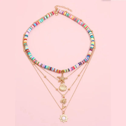 Fashion New Bohemia Soft Clay Shell Star Sun Pendant Chain Layered Necklace for Women Girls Summer Beach Simple Layered Necklace