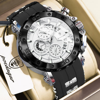 POEDAGAR Original Luxury Man Watch Chronograph Waterproof Luminous Sports Men Clock Calendar Silicone Strap Quartz Men's Watches