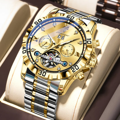 POEDAGAR Fashion Luxury Men Watch Automatic Date Week Man Wristwatch Hollow Tourbillon Mechanical Stainless Steel Men's Watches