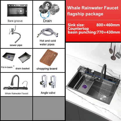 Stainless Steel Waterfall Kitchen Sink New Embossed Extra Large Single Slot Modern Digital Display Multifunctional Kitchen Sinks